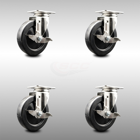 5 Inch 316SS Hard Rubber Wheel Swivel Top Plate Caster Set With Brake SCC